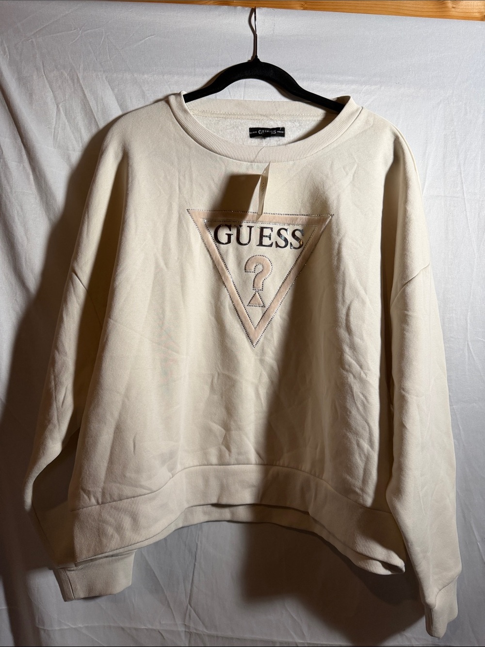 GUESS Cream Pullover Sweatshirt with Triangle Logo